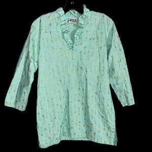 Haley & the Hound Mint color with Gold Arrow Pattern Ruffle Neck Tunic. Sz Small